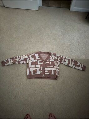 Marshalls Geometric Button-Front Cardigan in Cream and Brown